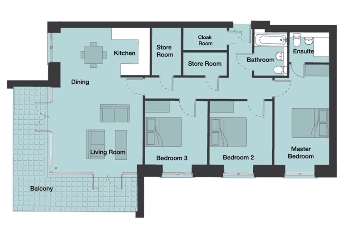 Typical 3 bedroom apartment floor plans.